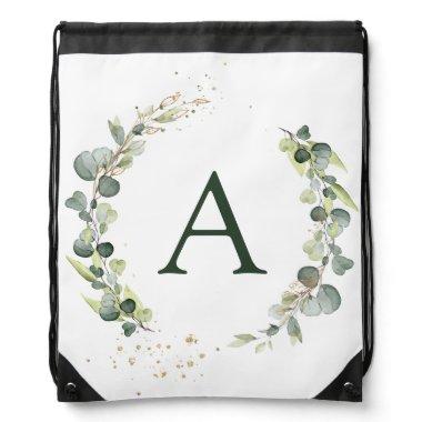 Botanical Eucalyptus Monogram Green White Drawstring Bag