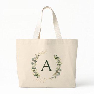 Botanical Eucalyptus Monogram Greenery Wedding Large Tote Bag