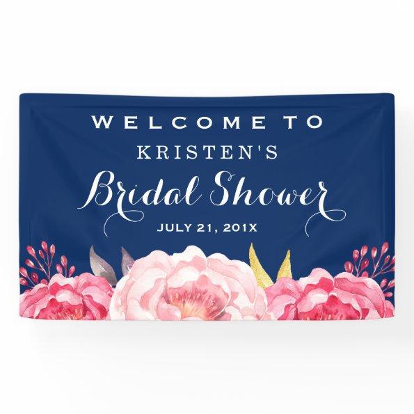 Botanical Flowers Navy Blue Bridal Shower Banner