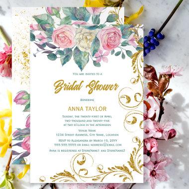 Botanical Gold Glitter Swirls Bridal Shower Invitations