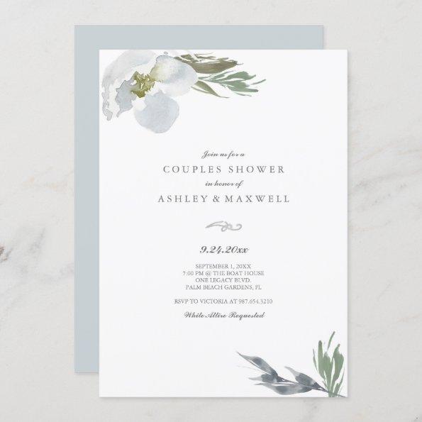 Botanical Green & White Shower Watercolor Florals Invitations