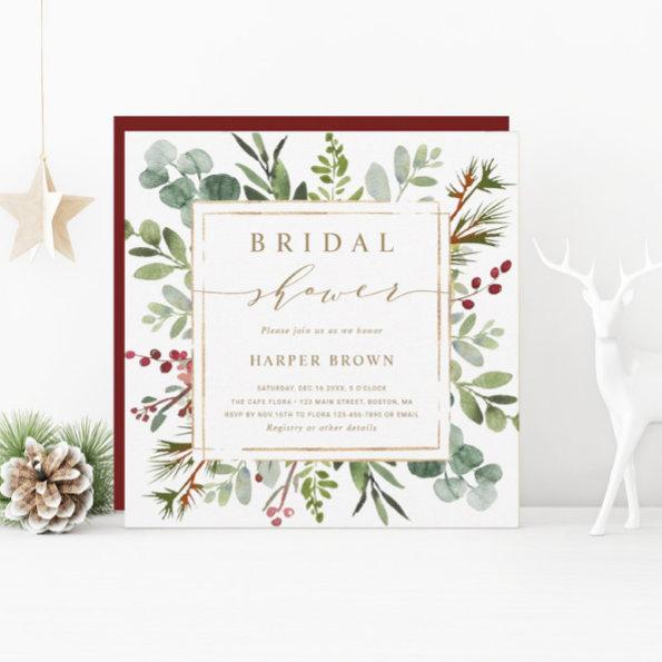 Botanical Greenery Christmas Bridal Shower Square Invitations