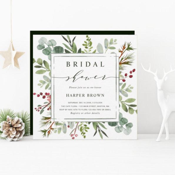 Botanical Greenery Christmas Bridal Shower Square Invitations