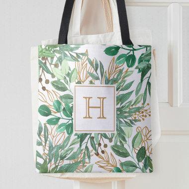 Botanical Greenery Leaf Watercolor Pretty Monogram Tote Bag