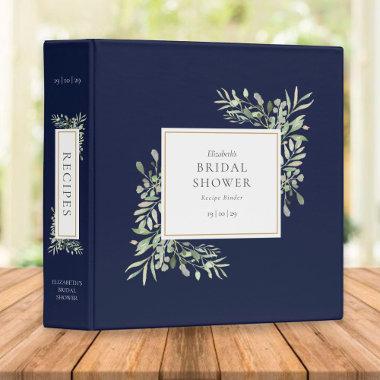 Botanical Greenery Navy Blue Bridal Shower Recipe 3 Ring Binder