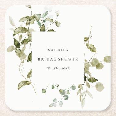 Botanical Leafy Foliage Watercolor Bridal Shower Square Paper Coaster