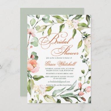 Botanical leafy wreath, flowers Bridal Shower Invitations