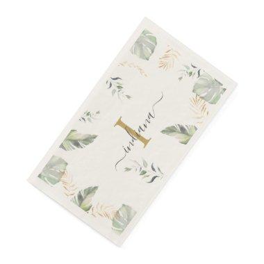 Botanical Palms Monogram Name Green Gold Leaves Paper Guest Towels