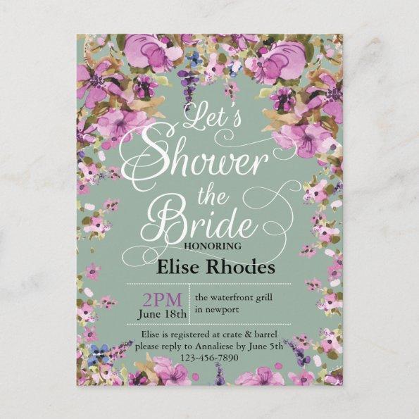Botanical violet floral frame minty Bridal shower Invitation PostInvitations