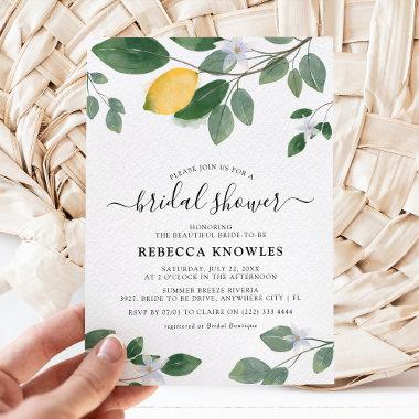 Botanical Watercolor Lemon Greenery Bridal Shower Invitations