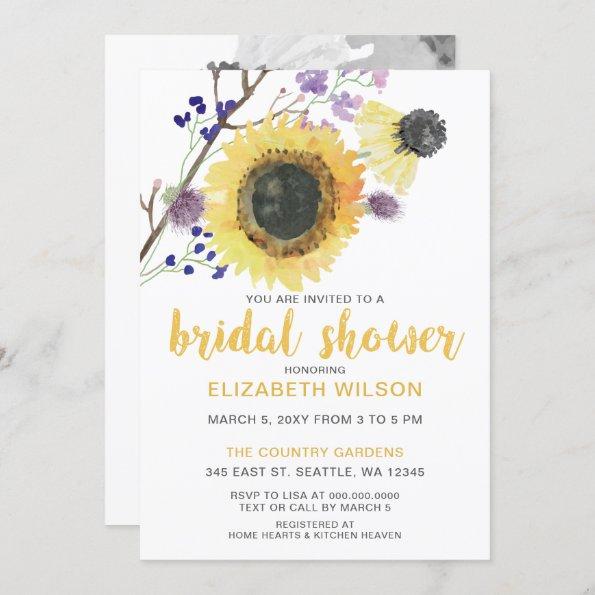 Botanical Watercolor Sunflowers Bridal Shower Invitations