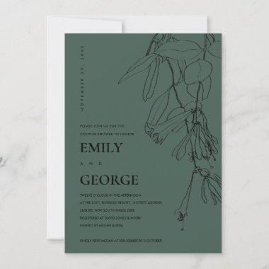 BOTTLE GREEN LINE DRAWING FLORA COUPLE SHOWER Invitations