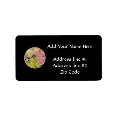 Bouquet of pink, yellow & peach roses label