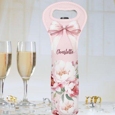 Bow pink florals bloom name elegant wine bag