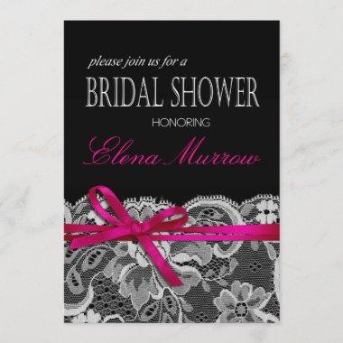 Bows Ribbon & Lace Bridal Shower black fuschia Invitations