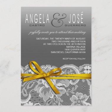 Bows Ribbon & Lace Wedding | gray yellow Invitations