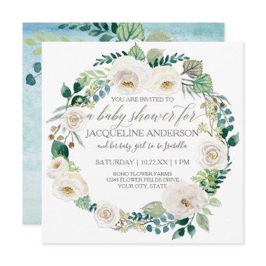 Boy Baby Shower Blue n White Roses Leaf Wreath Invitations