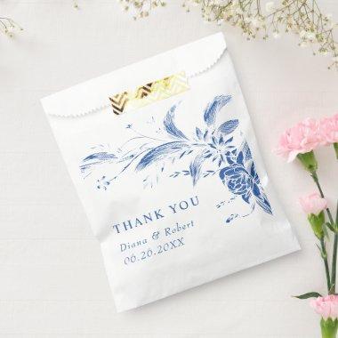 Branch with blue and white flowers wedding favor bag