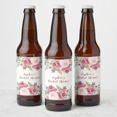 Bridal Blush Glittering Watercolor Floral Rose Beer Bottle Label