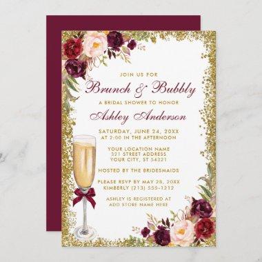 Bridal Brunch Bubbly Burgundy Floral Gold Glitter Invitations