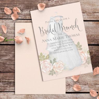 Bridal Brunch Elegant Wedding Dress Blush Floral Invitations