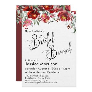 Bridal Brunch Typography Burgundy Red Floral Invitations