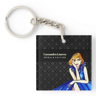 Bridal Dark Royal Blue Cocktail Gown Black Damask Keychain