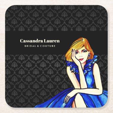 Bridal Dark Royal Blue Cocktail Gown Black Damask Square Paper Coaster