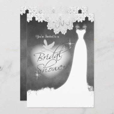 Bridal Gown on Chalkboard with Lace & White Dove Invitations