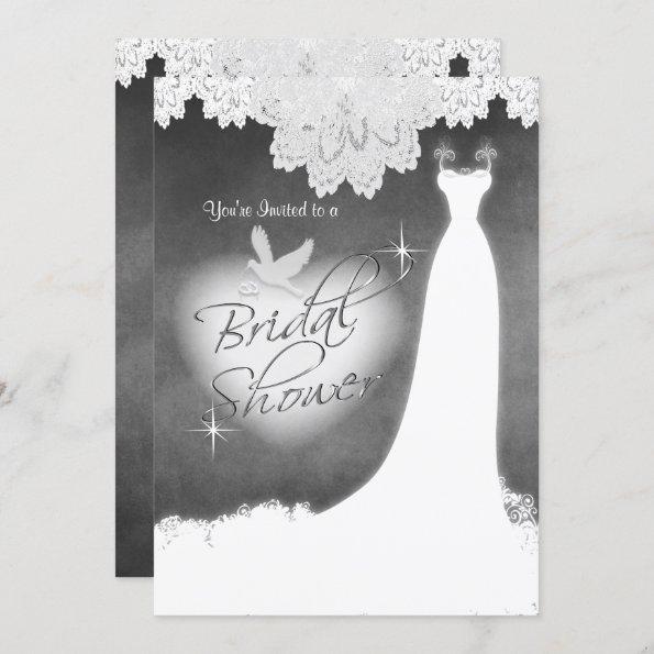 Bridal Gown on Chalkboard with Lace & White Dove Invitations
