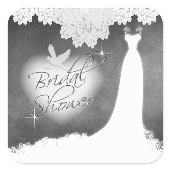 Bridal Gown on Chalkboard with Lace & White Dove Square Sticker
