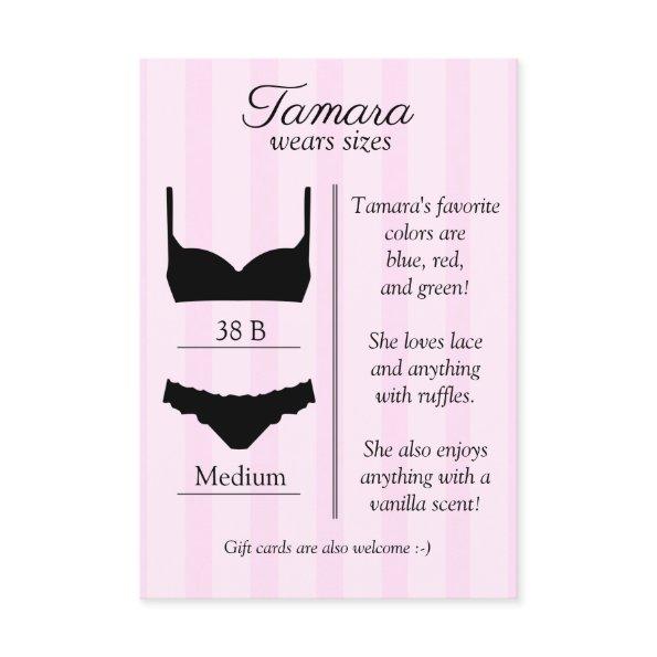 Bridal Lingerie Size Insert Card