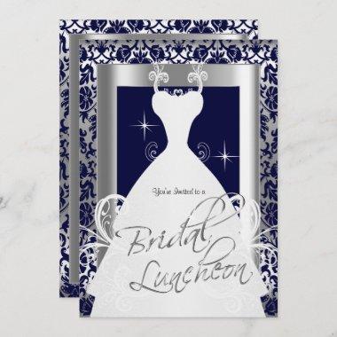 Bridal Luncheon in Navy Blue2 Damask & Silver Invitations