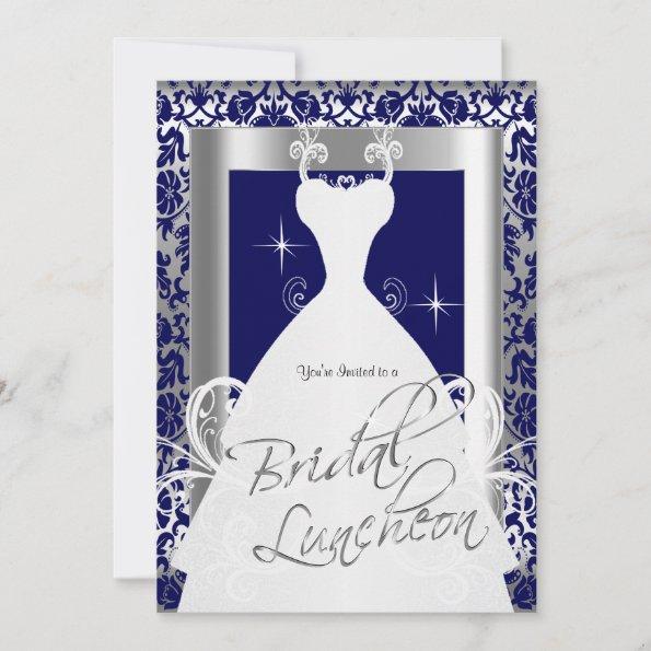Bridal Luncheon in Navy Blue Damask & Silver Invitations