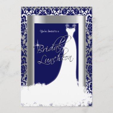 Bridal Luncheon in Navy Blue Damask & Silver Invitations