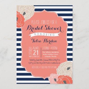 Bridal or Baby Shower Invitaion, Bold Stripe Coral Invitations