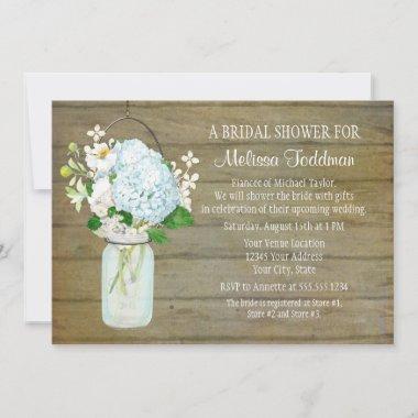 Bridal Rustic Country Mason Jar Blue Hydrangeas Invitations