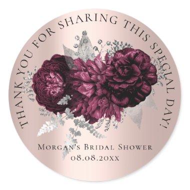 Bridal Shower 16th Thank Floral Roses Burgund Classic Round Sticker