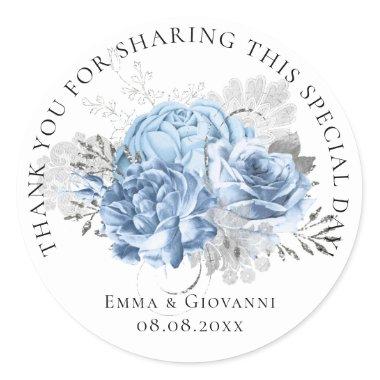 Bridal Shower 16th Thank Floral White Blue Wreath Classic Round Sticker