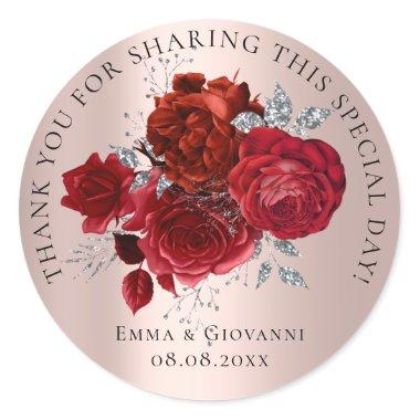 Bridal Shower 16th Thank Red Roses Gray Flowers Classic Round Sticker