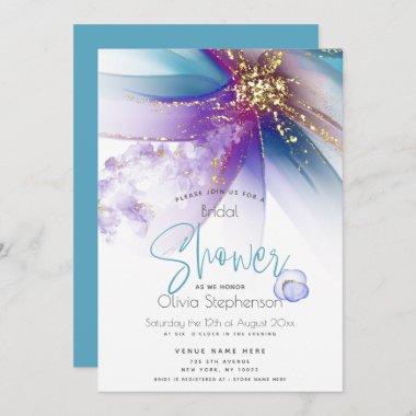 BRIDAL SHOWER | Abstract Alcohol Ink Teal Amethyst Invitations