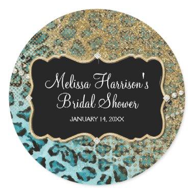 Bridal Shower Aqua Gold Leopard Animal Print Classic Round Sticker