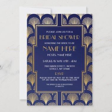 Bridal Shower Art Deco 1920's Navy and Gold Party Invitations