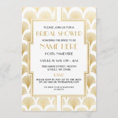 Bridal Shower Art Deco 1920's White and Gold Party Invitations