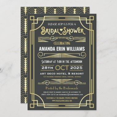Bridal Shower Art Deco Elegant Gold Gray Retro Invitations