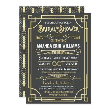 Bridal Shower Art Deco Elegant Gold Gray Retro Invitations