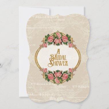 Bridal Shower Art Nouveau Taupe Gold Glitter Roses Invitations