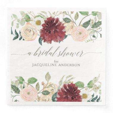 Bridal Shower Autumn Burgundy Rose Floral Foliage Paper Dinner Napkins