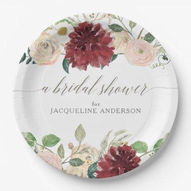 Bridal Shower Autumn Burgundy Roses Leaf Floral Paper Plates