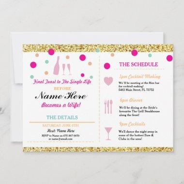 Bridal Shower Bachelorette Gold Glitter Itinerary RSVP Card